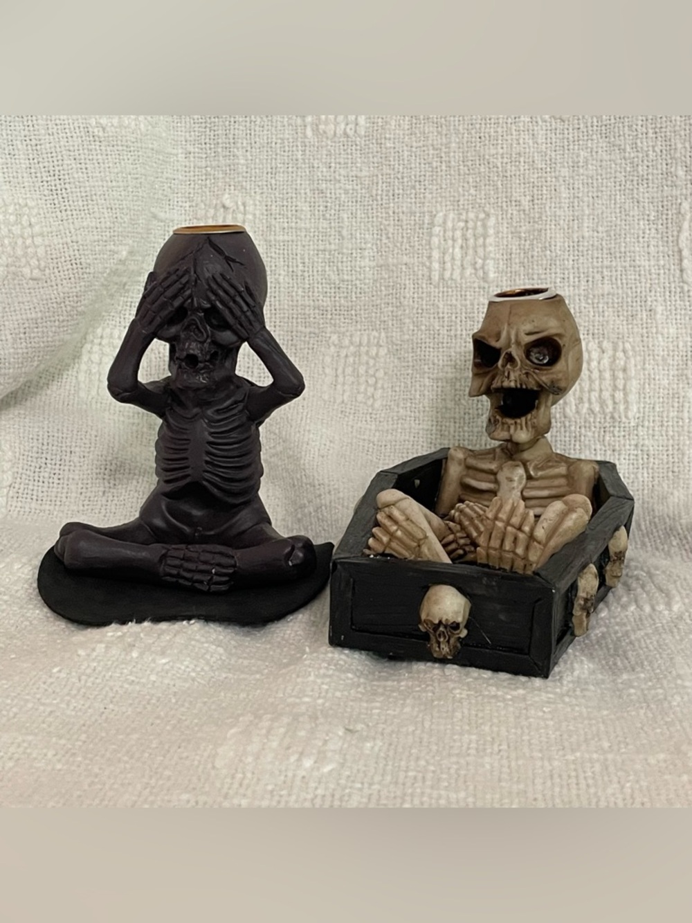 Pair of goth-inspired‎ resin backflow incense burners